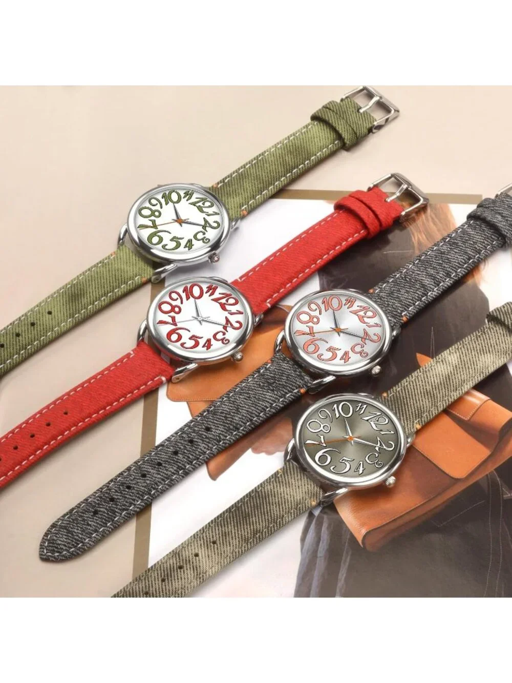 Women's Black Silver Big Arabic Number Easy to Read Denim Leather Strap Watch